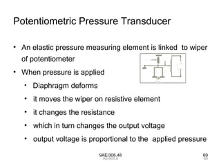 9AEI306.48 69
Potentiometric Pressure Transducer
• An elastic pressure measuring element is linked to wiper
of potentiometer
• When pressure is applied
• Diaphragm deforms
• it moves the wiper on resistive element
• it changes the resistance
• which in turn changes the output voltage
• output voltage is proportional to the applied pressure
69AEI405.8
 