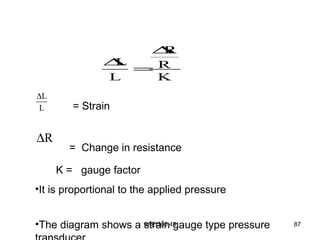9AEI306.49 87
= Strain
= Change in resistance
K = gauge factor
•It is proportional to the applied pressure
•The diagram shows a strain gauge type pressure
R
L R
L K
∆
∆
=
L
L
∆
R∆
 