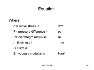 9AEI306.49 90
Equation
Where,
σ = radial stress in N/m2
P= pressure difference in pa
R= diaphragm radius in m
t= thickness in mm
Є = strain
E= young’s modulus in N/m2
 