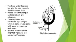 • The fluid under test are
led into the ring through
flexible connections.
• Placed such that length
and movement are
minimum.
• The ring balance is
controlled by a weight
which is at its lowest point
with same pressure on
both sides.
• It is the rotation of the
ring that indicates the
pressure difference.
 