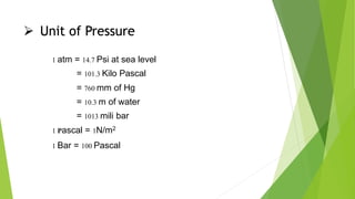  Unit of Pressure
1 atm = 14.7 Psi at sea level
= 101.3 Kilo Pascal
= 760 mm of Hg
= 10.3 m of water
= 1013 mili bar
1 Pascal = 1N/m2
1 Bar = 100 Pascal
 