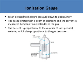 Ionization Gauge
• It can be used to measure pressure down to about 2 torr.
• The gas is ionized with a beam of electrons and the current is
measured between two electrodes in the gas.
• The current is proportional to the number of ions per unit
volume, which also proportional to the gas pressure.
 