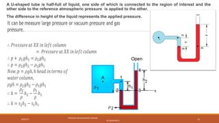 A U-shaped tube is half-full of liquid, one side of which is connected to the region of interest and the
other side to the reference atmospheric pressure is applied to the other.
The difference in height of the liquid represents the applied pressure.
09/05/17
PRESSURE MEASUREMENT (FMHM)
BY SASIDHAR.G
12
xx
 