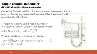 09/05/17
PRESSURE MEASUREMENT (FMHM)
BY SASIDHAR.G
13
Single column Manometer:
(i) Vertical single column manometer
 