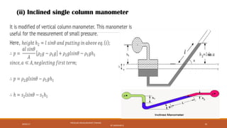 09/05/17
PRESSURE MEASUREMENT (FMHM)
BY SASIDHAR.G
14
(ii) Inclined single column manometer
 