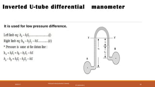 09/05/17
PRESSURE MEASUREMENT (FMHM)
BY SASIDHAR.G
18
Inverted U-tube differential manometer
It is used for low pressure difference.
 