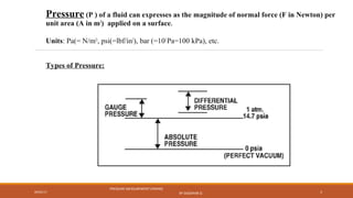 Pressure (P ) of a fluid can expresses as the magnitude of normal force (F in Newton) per
unit area (A in m2
) applied on a surface.
Units: Pa(= N/m2)
, psi(=lbf/in2
), bar (=105
Pa=100 kPa), etc.
Types of Pressure:
09/05/17
PRESSURE MEASUREMENT (FMHM)
BY SASIDHAR.G 3
 