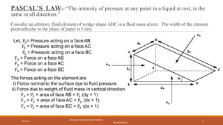 PASCAL’S LAW:- “The intensity of pressure at any point in a liquid at rest, is the
same in all direction.”
Consider an arbitrary fluid element of wedge shape ABC in a fluid mass at rest . The width of the element
perpendicular to the plane of paper is Unity.
09/05/17
PRESSURE MEASUREMENT (FMHM)
BY SASIDHAR.G
6
 
