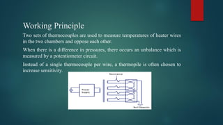 Working Principle
Two sets of thermocouples are used to measure temperatures of heater wires
in the two chambers and oppose each other.
When there is a difference in pressures, there occurs an unbalance which is
measured by a potentiometer circuit.
Instead of a single thermocouple per wire, a thermopile is often chosen to
increase sensitivity.
 
