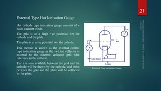 External Type Hot Ionisation Gauge
Hot cathode type ionization gauge consists of a
basic vacuum triode.
The grid is at a large +ve potential wrt the
cathode and the plate.
The plate is at a -ve potential wrt the cathode.
This method is known as the external control
type ionization gauge as the +ve ion collector is
external to the electron collector grid with
reference to the cathode.
The +ve ions available between the grid and the
cathode will be drawn by the cathode, and those
between the grid and the plate will be collected
by the plate.
21
External Type Ionisation Gauge
 