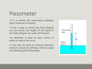 Piezometer
It is a column for measuring moderate
static Pressures of liquids.
It has a tube in which the Fluid (liquid)
can rise freely, the height of the liquid in
the tube will give the value of Pressure.
Its diameter is kept at least 12mm in
order to reduce the error.
It can also be used to measure Dynamic
pressure. Simply by drilling a hole in a pipe
and attaching the Piezometer.
 