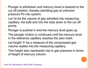  Plunger is withdrawn and mercury level is lowered to the
cut off position, thereby admitting gas at unknown
pressure Po into system.
 Let Vo be the volume of gas admitted into measuring
capillary, the bulb and into the tube down to the cut off
points.
 Plunger is pushed in and the mercury level goes up.
 The plunger motion is continued until the mercury level
in the reference capillary reaches the zero mark.
 Let height ‘h’ be a measure of the compressed gas
volume sealed into the measuring capillary.
 This height also represents rise in gas pressure in terms
of height of mercury column.
Prof. P.B. Borakhede, MGI-COET, Shegaon
 