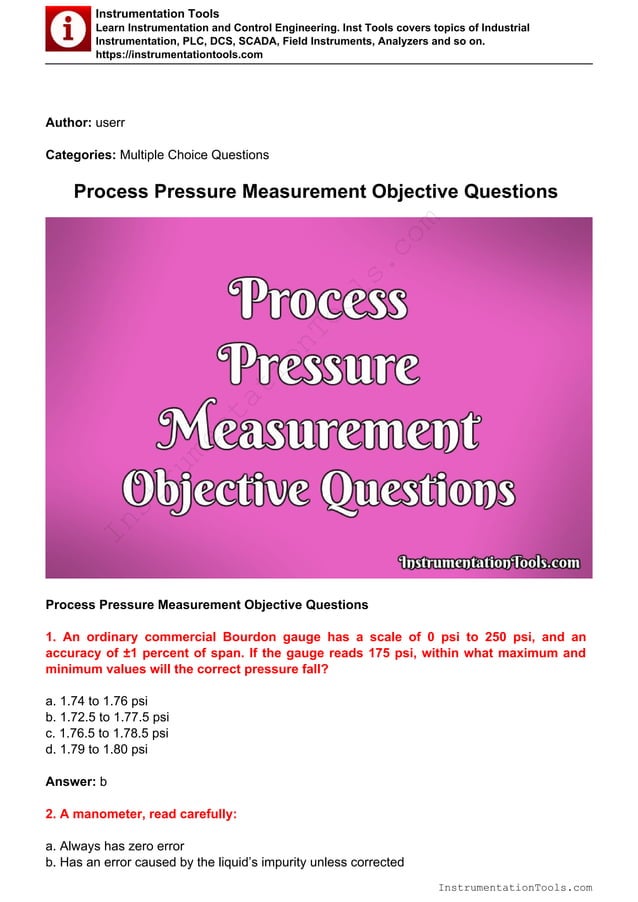 Pressure Measurement Mcq Pdf