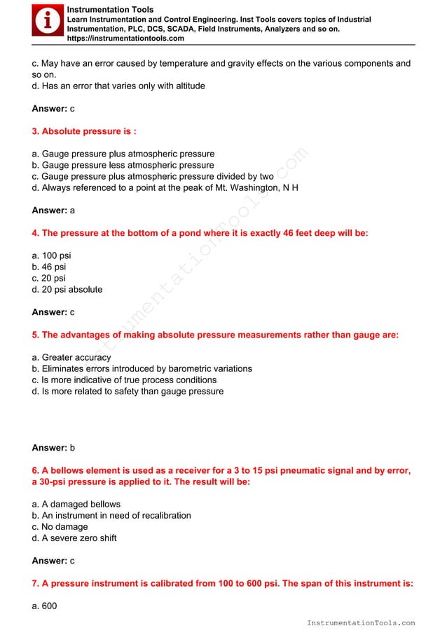 Pressure Measurement Mcq Pdf