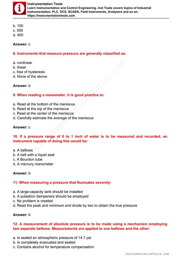 Pressure Measurement Mcq Pdf