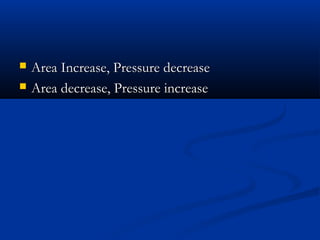 ? Area Increase, Pressure decreaseArea Increase, Pressure decrease
? Area decrease, Pressure increaseArea decrease, Pressure increase
 