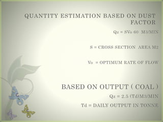 QUANTITY ESTIMATION BASED ON DUST
FACTOR
Qz = SVo 60 M3/MIN
S = CROSS SECTION AREA M2
Vo = OPTIMUM RATE OF FLOW
BASED ON OUTPUT ( COAL )
Qz = 2.5 (Td)M3/MIN
Td = DAILY OUTPUT IN TONNE
 