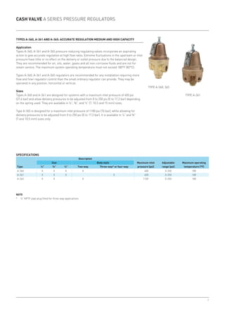 8
A-360 X X X X 400 0-250 180
A-361 X X X X 400 0-250 180
A-365 X X X 1100 0-250 180
Cash Valve A Series pressure regulators
Types A-360, A-361 and A-365: accurate regulation medium and high capacity
Application
Types A-360, A-361 and A-365 pressure reducing regulating valves incorporate an aspirating
action to give accurate regulation at high flow rates. Extreme fluctuations in the upstream or inlet
pressure have little or no effect on the delivery or outlet pressure due to the balanced design.
They are recommended for air, oils, water, gases and all non-corrosive fluids and are not for
steam service. The maximum system operating temperature must not exceed 180°F (82°C).
Types A-360, A-361 and A-365 regulators are recommended for any installation requiring more
flow and finer regulator control than the small ordinary regulator can provide. They may be
operated in any position, horizontal or vertical.
Sizes
Types A-360 and A-361 are designed for systems with a maximum inlet pressure of 400 psi
(27.6 bar) and allow delivery pressures to be adjusted from 0 to 250 psi (0 to 17.2 bar) depending
on the spring used. They are available in ¼”, ⅜, and ½” (7, 10.5 and 15 mm) sizes.
Type A-365 is designed for a maximum inlet pressure of 1100 psi (76 bar), while allowing for
delivery pressures to be adjusted from 0 to 250 psi (0 to 17.2 bar). It is available in ¼” and ⅜
(7 and 10.5 mm) sizes only.
Specifications
Description
Maximum inlet
pressure (psi)
Adjustable
range (psi)
Maximum operating
temperature (°F)
Size Body style
Type ¼” ⅜” ½” Two-way Three-way* or four-way
Note
*	 ¼” NPTF pipe plug fitted for three-way applications
Type A-361
Type A-360, 365
 