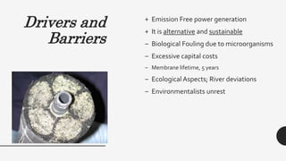 Drivers and
Barriers
+ Emission Free power generation
+ It is alternative and sustainable
‒ Biological Fouling due to microorganisms
‒ Excessive capital costs
‒ Membrane lifetime, 5 years
‒ Ecological Aspects; River deviations
‒ Environmentalists unrest
 