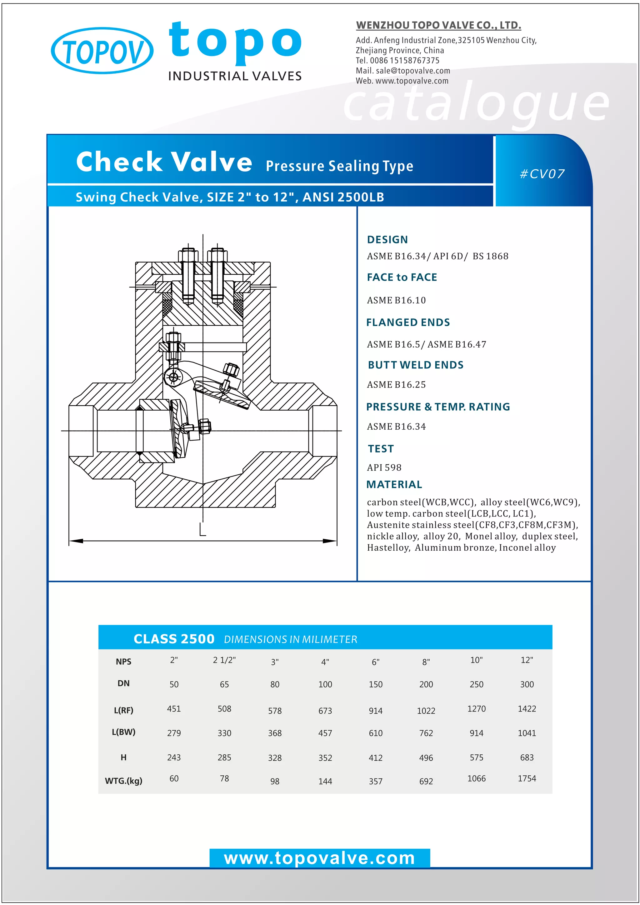 Pressure sealing swing check valve 2500 lb topo valve catalogue PDF