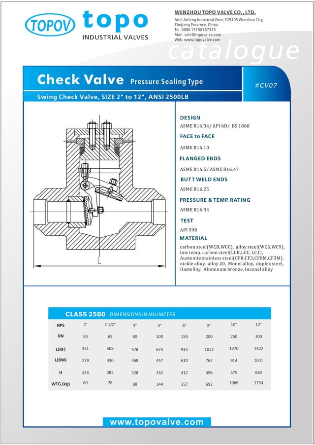 Pressure sealing swing check valve 2500 lb topo valve catalogue PDF