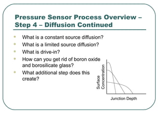 Pressure Sensor Process Overview –
Step 4 – Diffusion Continued
 What is a constant source diffusion?
 What is a limited source diffusion?
 What is drive-in?
 How can you get rid of boron oxide
and borosilicate glass?
 What additional step does this
create?
Surface
Concentration
Junction Depth
 