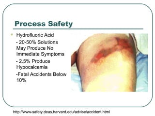 Process Safety
 Hydrofluoric Acid
- 20-50% Solutions
May Produce No
Immediate Symptoms
- 2.5% Produce
Hypocalcemia
-Fatal Accidents Below
10%
http://www-safety.deas.harvard.edu/advise/accident.html
 