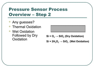 Pressure Sensor Process
Overview – Step 2
 Any guesses?
 Thermal Oxidation
 Wet Oxidation
Followed by Dry
Oxidation
Si + O2 → SiO2 (Dry Oxidation)
Si + 2H2O2 → SiO2 (Wet Oxidation)
 