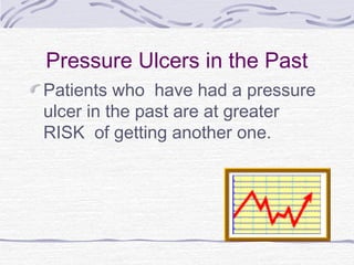 Pressure Ulcers in the Past
Patients who have had a pressure
ulcer in the past are at greater
RISK of getting another one.
 