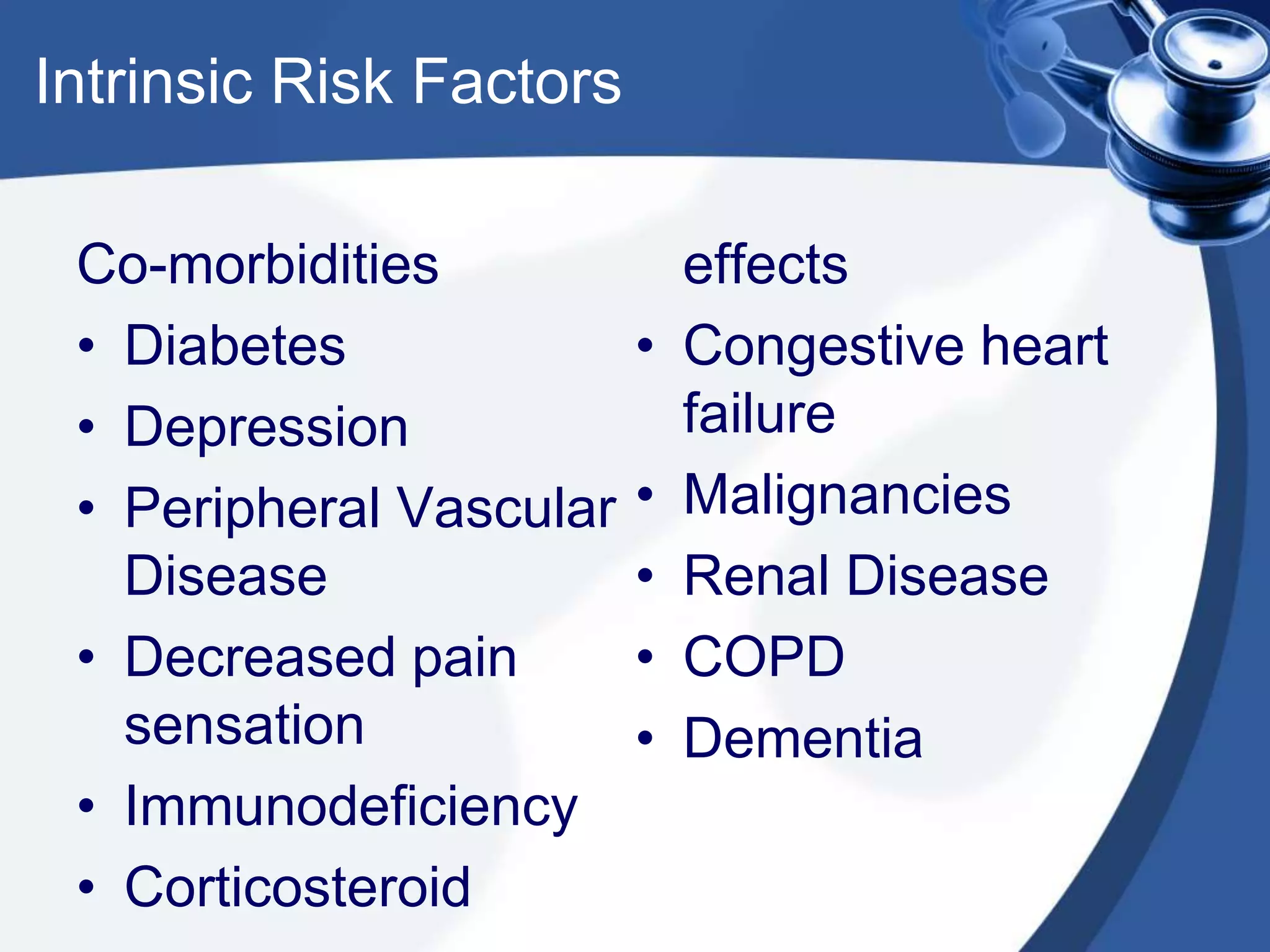 Intrinsic Risk Factors
Co-morbidities
• Diabetes
• Depression
• Peripheral Vascular
Disease
• Decreased pain
sensation
• Immunodeficiency
• Corticosteroid
effects
• Congestive heart
failure
• Malignancies
• Renal Disease
• COPD
• Dementia
 