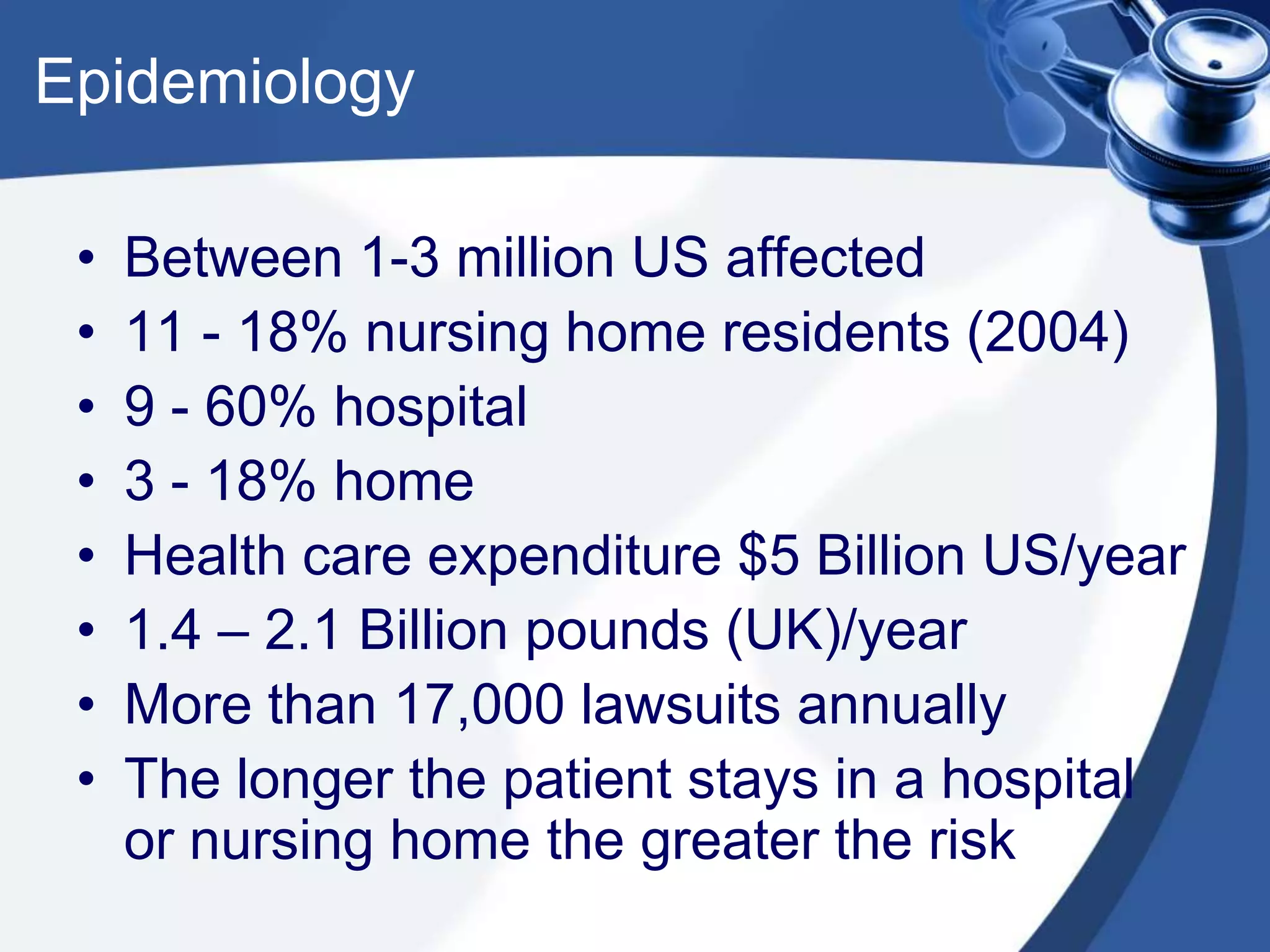 Epidemiology
• Between 1-3 million US affected
• 11 - 18% nursing home residents (2004)
• 9 - 60% hospital
• 3 - 18% home
• Health care expenditure $5 Billion US/year
• 1.4 – 2.1 Billion pounds (UK)/year
• More than 17,000 lawsuits annually
• The longer the patient stays in a hospital
or nursing home the greater the risk
 