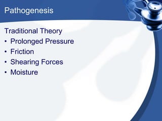 Pathogenesis
Traditional Theory
• Prolonged Pressure
• Friction
• Shearing Forces
• Moisture
 
