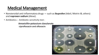 Medical Management
• Nonsteroidal anti-inflammatory drugs — such as ibuprofen (Advil, Motrin IB, others)
and naproxen sodium (Aleve).
• Antibiotics :- Antibiotic sensitivity test :
Amoxicillin-potassium clavulanate
ciprofloxacin and ofloxacin
 