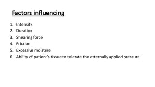 Factors influencing
1. Intensity
2. Duration
3. Shearing force
4. Friction
5. Excessive moisture
6. Ability of patient’s tissue to tolerate the externally applied pressure.
 