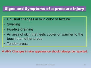 • Unusual changes in skin color or texture
• Swelling
• Pus-like draining
• An area of skin that feels cooler or warmer to the
touch than other areas
• Tender areas
30
Signs and Symptoms of a pressure injury
 ANY Changes in skin appearance should always be reported.
PRESSURE ULCER: Mrs Nilofar
 