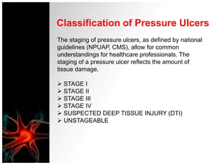 What are Pressure Ulcers?Localized areas of tissue necrosis which develop when soft tissue is compressed between a bony prominence and an external surface for a prolonged period of time.Most pressure ulcers occur over bony prominences, where combined with friction and shearing forces result in skin breakdown.Several factors other than pressure contribute to ulcers including moisture, friction, shear, immobility, sensory loss and some underlying medical conditions.