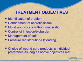 TREATMENT OBJECTIVES
 Identificationof problem
 Debridement of necrotic tissue
 Moist wound care without maceration
 Control of infection/bioburden
 Management of pain
 Pressure redistribution/Offloading


 Choice of wound care products is individual
  preference as long as above objectives met.
 