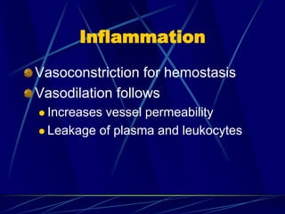 Inflammation
Vasoconstriction for hemostasis
Vasodilation follows
 Increases vessel permeability
 Leakage of plasma and leukocytes
 