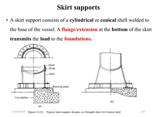 Skirt supports
• A skirt support consists of a cylindrical or conical shell welded to
the base of the vessel. A flange/ext...