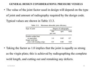 • The value of the joint factor used in design will depend on the type
of joint and amount of radiography required by the ...