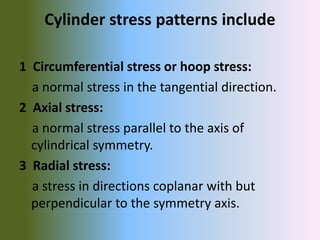 Cylinder stress patterns include
1 Circumferential stress or hoop stress:
a normal stress in the tangential direction.
2 Axial stress:
a normal stress parallel to the axis of
cylindrical symmetry.
3 Radial stress:
a stress in directions coplanar with but
perpendicular to the symmetry axis.
 