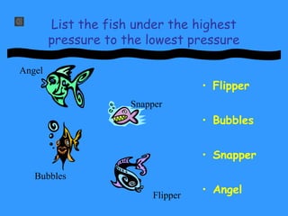 List the fish under the highest
pressure to the lowest pressure
• Flipper
• Bubbles
• Snapper
• Angel
Angel
Snapper
Bubbles
Flipper
 