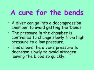 A cure for the bends
• A diver can go into a decompression
chamber to avoid getting the ‘bends’
• The pressure in the chamber is
controlled to change slowly from high
pressure to a low pressure.
• This allows the diver’s pressure to
decrease slowly to avoid nitrogen
leaving the blood so quickly.
 