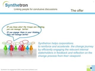 If you know what the troops are thinking,  you can manage  better  If you engage them in your thinking, they will manage better Linking people for conclusive discussions Synthetron for engagement 2009 contact www.synthetron.com ,[object Object],[object Object],[object Object],The offer Synthetron 