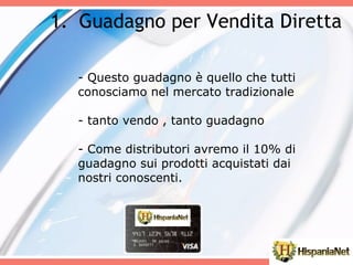 - Questo guadagno è quello che tutti conosciamo nel mercato tradizionale - tanto vendo , tanto guadagno - Come distributori avremo il 10% di guadagno sui prodotti acquistati dai nostri conoscenti. Guadagno per Vendita Diretta 
