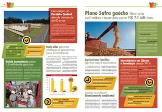 76
Polícia Comunitária cobre
1,5 milhão de gaúchos
Investimento em Ciência
e Tecnologia cresce 741%
A construção e reforma de 21 penitenciárias
no Rio Grande do Sul reduziu o déficit prisional,
combatendo um grande foco de reincidência
criminal. Desde 2011 foram criadas 2.870 novas
vagas no regime fechado, o que permitiu aten-
der uma demanda de 40 anos da comunidade
de Porto Alegre: a desocupação e demolição do
Presídio Central.
Em quatro anos, o contingente de detentos na
casa prisional baixou de 5,2 mil para 3 mil, dos
quais, 2,8 mil ocuparão as celas do Presídio Esta-
dual de Canoas (foto), que está quase concluído.
Através de políticas trans-
versais, a Secretaria de Políticas
para as Mulheres, criada em
2011, contribuiu para a redução
dos índices de violência contra o
sexofeminino.
Uma das mais importantes
iniciativasdaRedeLilás,presente
em 295 municípios gaúchos, foi
a instituição da Patrulha Maria
da Penha. A iniciativa, inédita no
Brasil, conseguiu que nenhum
agressormonitoradoreincindisse
emseucrime.
Com viaturas identificadas e
PMsqualificadosparaessetraba-
lho, a patrulha faz visitas regula-
res às casas das mulheres, presta
atendimento no pós-delito e, se
for necessário, faz seu encami-
nhamentoparaumacasa-abrigo,
alémdemonitorarosagressores.
A aproximação entre policiais
e população é o grande trunfo da
Polícia Comunitária no combate à
criminalidade. Implantado no Rio
Grande do Sul em 2012, o projeto
já dá cobertura a 1,5 milhão de
gaúchos através de 121 núcleos
no Estado, em 16 cidades. No sis-
tema, o brigadiano vive e traba-
lha em um mesmo bairro, o que
permite que acompanhe a rotina
da localidade, contribuindo para
aumentar a segurança. O policial
recebe ainda viatura e equipa-
mentos para executar sua tarefa
de vigilância.
A política de desenvolvimento
tecnológico do Rio Grande do Sul
é considerada pelo Ministério da
Ciência e Tecnologia uma referên-
cia para o Brasil.
Em quatro anos, o investimen-
to no setor, no total de R$ 104 mi-
lhões, foi 741% superior ao apli-
cado entre 2007 e 2010. Com esse
valor,apastabateuaprojeçãoque
fazia no início do ano, de investir
R$ 100 milhões ao longo de 2014,
alcançando um recorde. A criação
de quatro novos Parques Tecno-
lógicos – em Passo Fundo, Santa
Cruz do Sul, Lajeado e Santa Ma-
ria – gerou quase 1500 empregos
nas regiões onde se instalaram. O
Pampatec (Alegrete) está em fase
final de implantação.
Demolição do
Presídio Central
atende demanda
de 40 anos
Rede Lilás garante
proteção e autonomia
para as mulheres
Plano Safra gaúcho financia
colheitas recordes com R$ 7,3 bilhões
Com a colheita de 30 milhões de tonela-
das de grãos na temporada 2013/14, o Rio
Grande do Sul alcançou a maior safra da sua
história, uma injeção de R$ 24 bilhões na
economia gaúcha. Foram três colheitas re-
cordes em quatro anos de gestão, resultado
das políticas de estímulo aos produtores.
O Plano Safra Estadual, único no Bra-
sil, aplicou em quatro anos R$ 7,3 bilhões
na agricultura gaúcha. Grande parte desse
montante se destinou ao auxílio de 300 mil
pequenos produtores.
Já os programas Mais Água, Mais Ren-
da e Irrigando a Agricultura Familiar, fize-
ram aumentar a produtividade no campo,
duplicando o volume de milho e soja colhi-
dos por hectare. Hoje são 150 mil hectares
irrigados no Rio Grande do Sul e a maioria
(62%) dos 3.191 projetos desenvolvidos nos
últimos quatro anos são para pequenas áre-
as, de até 15 hectares.
A criação da Secretaria do
Desenvolvimento Rural, Pesca e
Cooperativismo é um marco da
atual gestão. Com investimento de
R$ 1,4 bilhão, a pasta desenvolveu
açõesdirigidasàagriculturafamiliar,
Na área do meio ambiente,
o governo do Estado deu início à
implementação do Sistema de Re-
gularização Ambiental (Siram), que
estaráconcluídoem2018.Medidas
de efeito imediato também foram
adotadas, como a contratação de
Agricultura familiar
ganha pasta exclusiva
Ações qualificam
licenciamento ambiental
assentadosdareformaagrária,pes-
cadores, comunidades indígenas e
quilombolas e cooperativas rurais e
urbanas, responsáveis por colocar
namesadosbrasileiros70%dosali-
mentosconsumidosnopaís.
novos servidores para a Fepam, a
criação do plano de cargos e salá-
rios e o lançamento do novo portal
dainstituição,comorientaçõespara
empreendedores. A ampliação da
competênciamunicipalparaolicen-
ciamentovaiagilizarasconcessões.
CLAUDIOFACHEL/SECOM
PEDROREVELLION/SECOM
CAMILADOMINGUES/SECOM
• contratações
2.048 Policiais militares,
732 agentes e 66
delegados para a polícia
civil, 67 peritos para
o instituto geral de
perícias (Igp) e 1.017
servidores da susepe
• 30 mil famílias participantes
do programa Leite Gaúcho
• 2.200 agroindústrias
familiares regularizadas
• 248 inspetorias de defesa
agropecuária reformadas e
reequipadas
• Polícia gaúcha é a
mais confiável do País
• Rio Grande do Sul
é o 4° estado menos
violento do Brasil
Redução dos crimes contra a mulher
Fonte: SSP/RS
• desde 2011 o projeto balada
segura já instituiu blitze em
26 municípios, reduzindo o
percentual de mortes no
trânsito em 25,7%
50
74
930
83
981
791
• TVE: investimento de R$ 12,7 milhões e
reativação de 37 retransmissorAs
• Fepagro e Emater revitalizadas com
investimento e contratações
• UERGS: novo campus Central, 96
novos professores e 717 novos
alunos
• FDRH: 200 cursos para 22 mil
alunos através da Rede Escola
de Governo
 