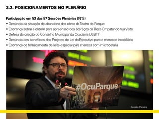 2.2. POSICIONAMENTOS NO PLENÁRIO
Participação em 53 das 57 Sessões Plenárias (93%)
• Denúncia da situação de abandono das obras doTeatro do Parque
• Cobrança sobre a ordem para apreensão dos adereços daTroça Empatando tuaVista
• Defesa da criação do Conselho Municipal da Cidadania LGBTT
• Denúncia dos benefícios dos Projetos de Lei do Executivo para o mercado imobiliário
• Cobrança de fornecimento de leite especial para crianças com microcefalia
Sessão Plenária
 