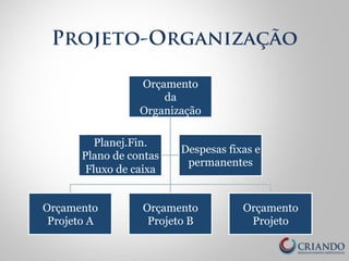 Projeto-Organização 
Orçamento 
da 
Organização 
Orçamento 
Projeto A 
Orçamento 
Projeto B 
Orçamento 
Projeto 
Planej.Fin. 
Plano de contas 
Fluxo de caixa 
Despesas fixas e 
permanentes 
 