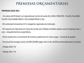 PREMISSAS ORÇAMENTÁRIAS 
PREMISSAS 
2010/ 
2011 
-­‐ 
Os 
valores 
de 
RH 
devem 
ser 
separados 
por 
centro 
de 
custos 
(DI, 
ADM 
e 
PROJETOS 
-­‐ 
Proj 
ZN, 
Proj 
HAOC, 
Proj 
RO, 
Proj 
Unidade 
Móvel 
I, 
Proj 
Unidade 
Móvel 
II, 
etc). 
-­‐ 
RH 
contempla 
funcionários 
CLT 
e 
estagiários 
registrados 
da 
instituição. 
-­‐ 
RH 
reajuste 
com 
data 
base 
em 
março 
de 
acordo 
com 
inflação 
e 
também 
podem 
ocorrer 
reajustes 
caso 
a 
caso 
– 
enquadramento 
ou 
espontâneo. 
-­‐ 
RH 
de 
acordo 
com 
o 
crescimento 
do 
Instituto, 
poderemos 
ter 
novos 
cargos 
– 
Aumento 
de 
quadro. 
-­‐ 
Percentual 
de 
encargos 
sociais: 
65,39% 
(35,80% 
pagos 
mês 
a 
mês; 
29,59% 
provisionados 
para 
12 
meses). 
-­‐ 
Inflação 
2010: 
7% 
-­‐ 
Inflação 
2011: 
7% 
-­‐ 
TERCEIROS: 
lista 
todos 
prestadores 
de 
serviços 
com 
contratos 
de 
serviços 
regulares. 
-­‐ 
Aluguel 
reajuste 
com 
data 
base 
em 
setembro 
de 
acordo 
com 
inflação. 
 
