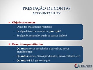 PRESTAÇÃO DE CONTAS 
Accountability 
! Objetivos e metas 
– O que foi exatamente realizado 
– Se algo deixou de acontecer, por quê? 
– Se algo foi superado, quais os passos dados? 
! Descritivo quantitativo 
- Quantos novos associados e parceiros, novos 
atendimentos 
- Quantos shows, discos produzidos, livros editados, etc. 
- Quanto $$ foi gasto em quê 
 